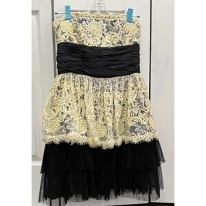 Vintage Betsey Johnson Tulle Lace Ivory Black Strapless Cocktail Dress sz 4